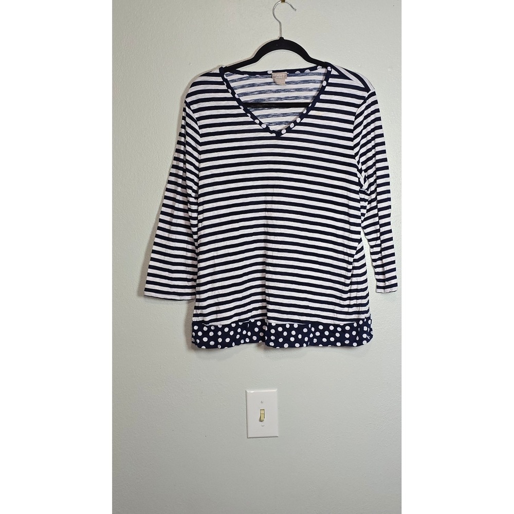 Chico's Zenergy Top Size 1 M Navy Blue White Striped Polka Dot V-Neck 3/4 Sleeve